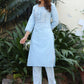 Party Wear Kurti Cotton Aqua Blue Embroidered Kurtis