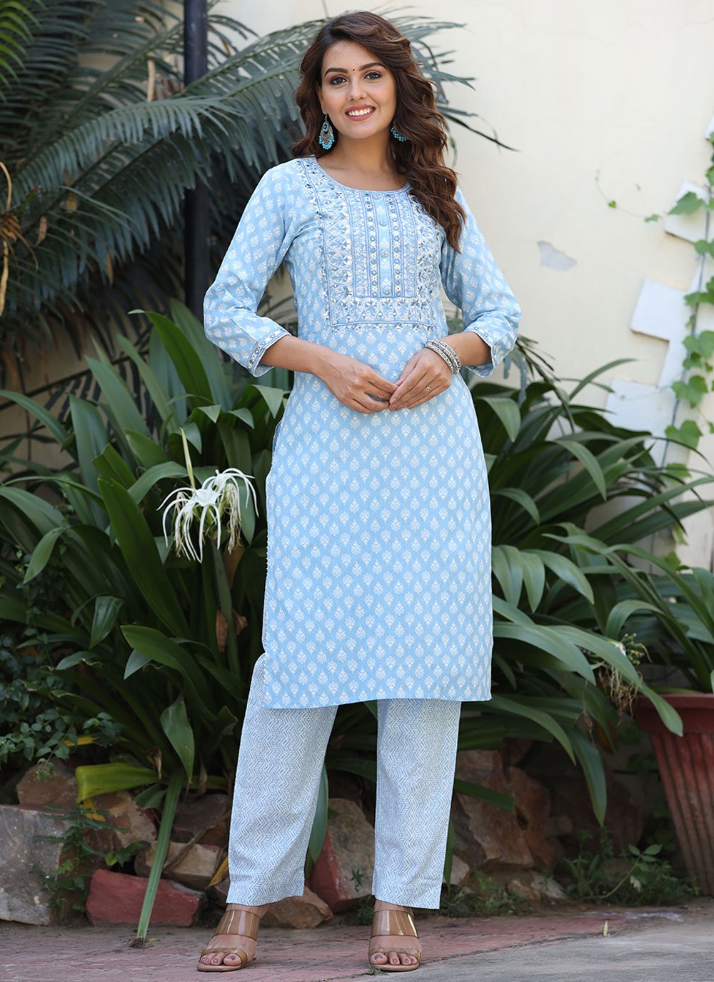 Party Wear Kurti Cotton Aqua Blue Embroidered Kurtis