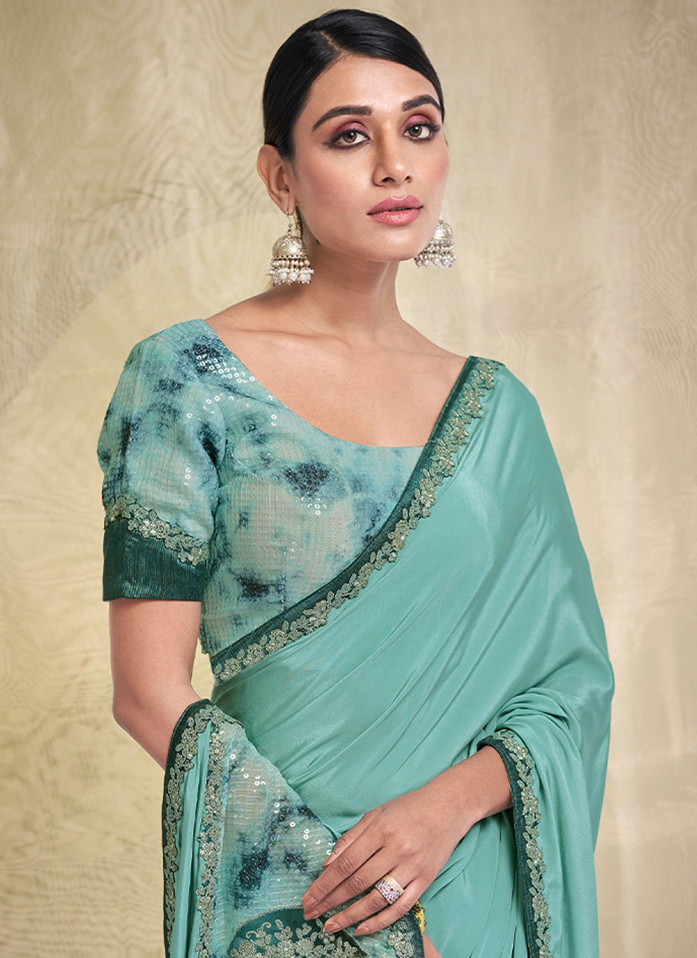 Contemporary Crepe Silk Aqua Blue Plain Saree