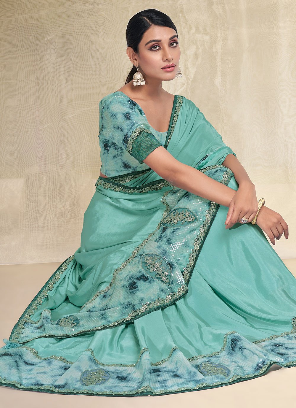 Contemporary Crepe Silk Aqua Blue Plain Saree