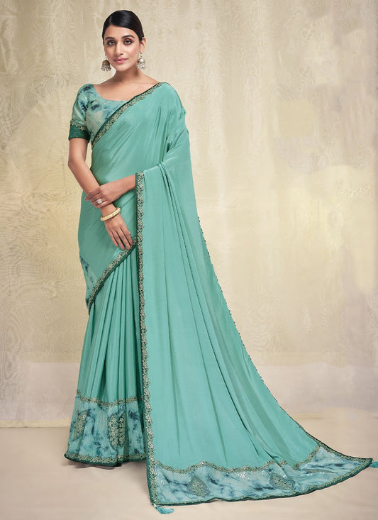 Contemporary Crepe Silk Aqua Blue Plain Saree