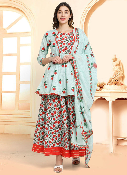 Lehenga Choli Cotton Aqua Blue Print Lehenga Choli