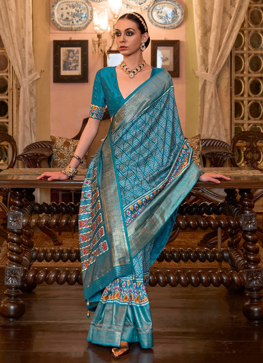 Contemporary Patola Silk Aqua Blue Print Saree