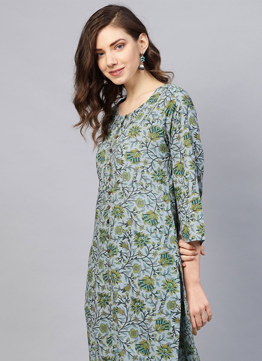 Party Wear Kurti Cotton Aqua Blue Print Kurtis