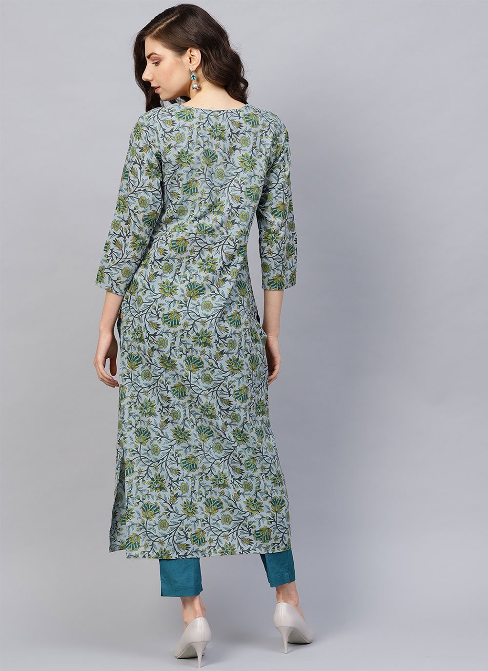 Party Wear Kurti Cotton Aqua Blue Print Kurtis