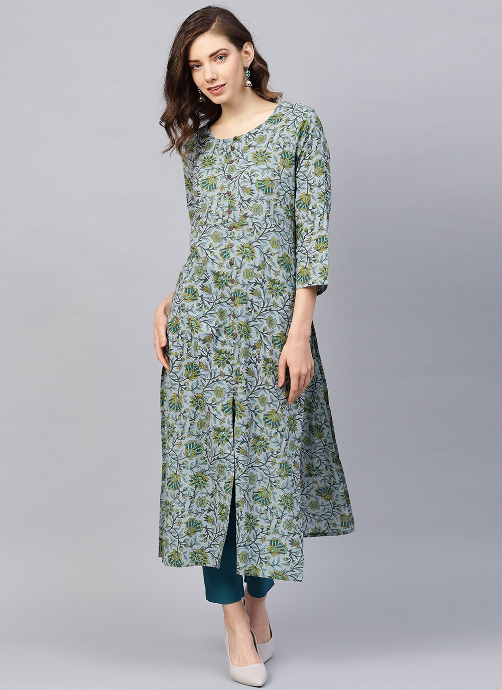 Party Wear Kurti Cotton Aqua Blue Print Kurtis