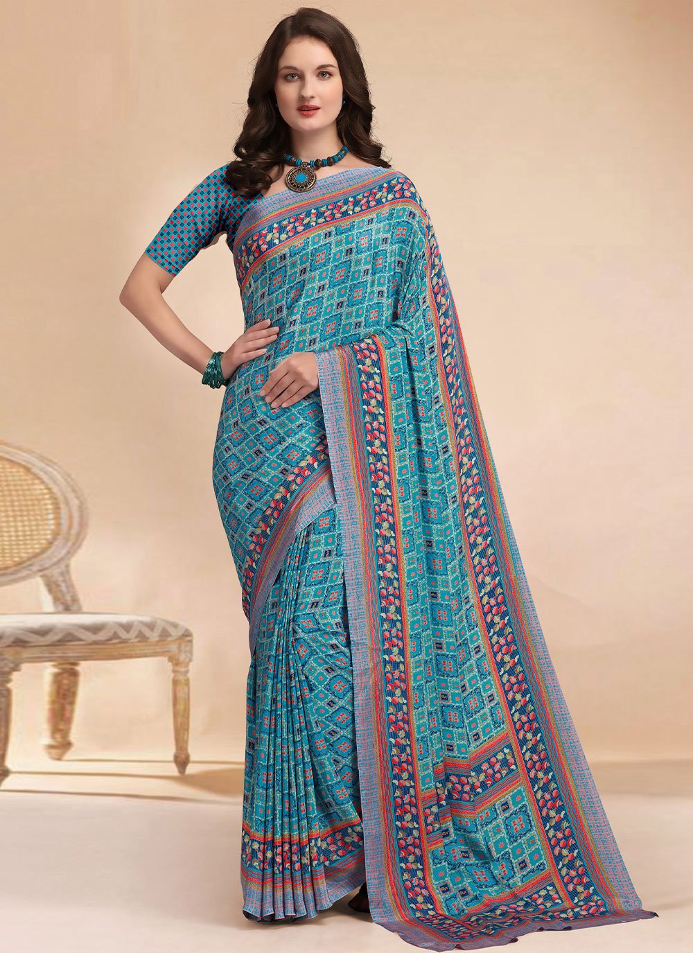 Classic Faux Crepe Aqua Blue Print Saree