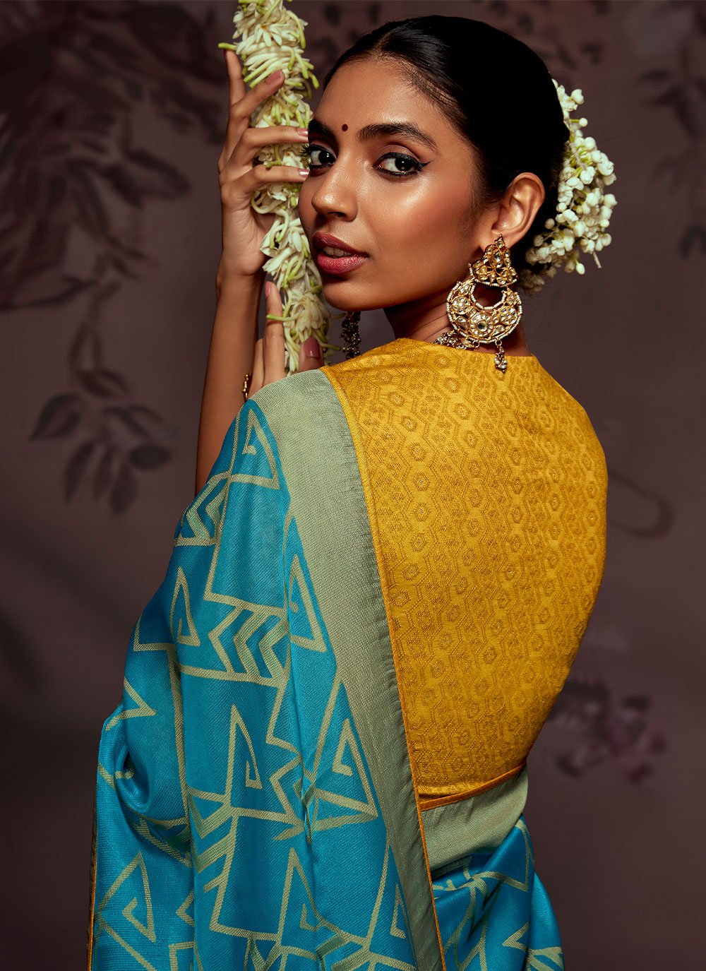 Contemporary Brasso Aqua Blue Print Saree