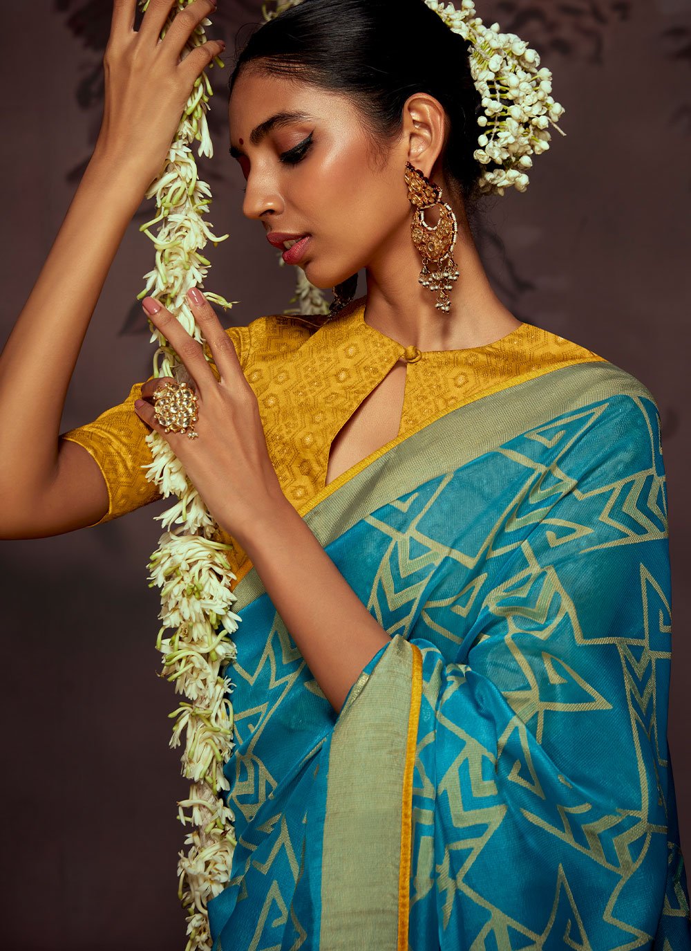 Contemporary Brasso Aqua Blue Print Saree