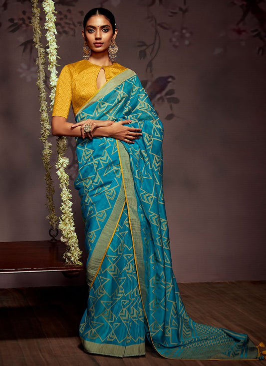 Contemporary Brasso Aqua Blue Print Saree