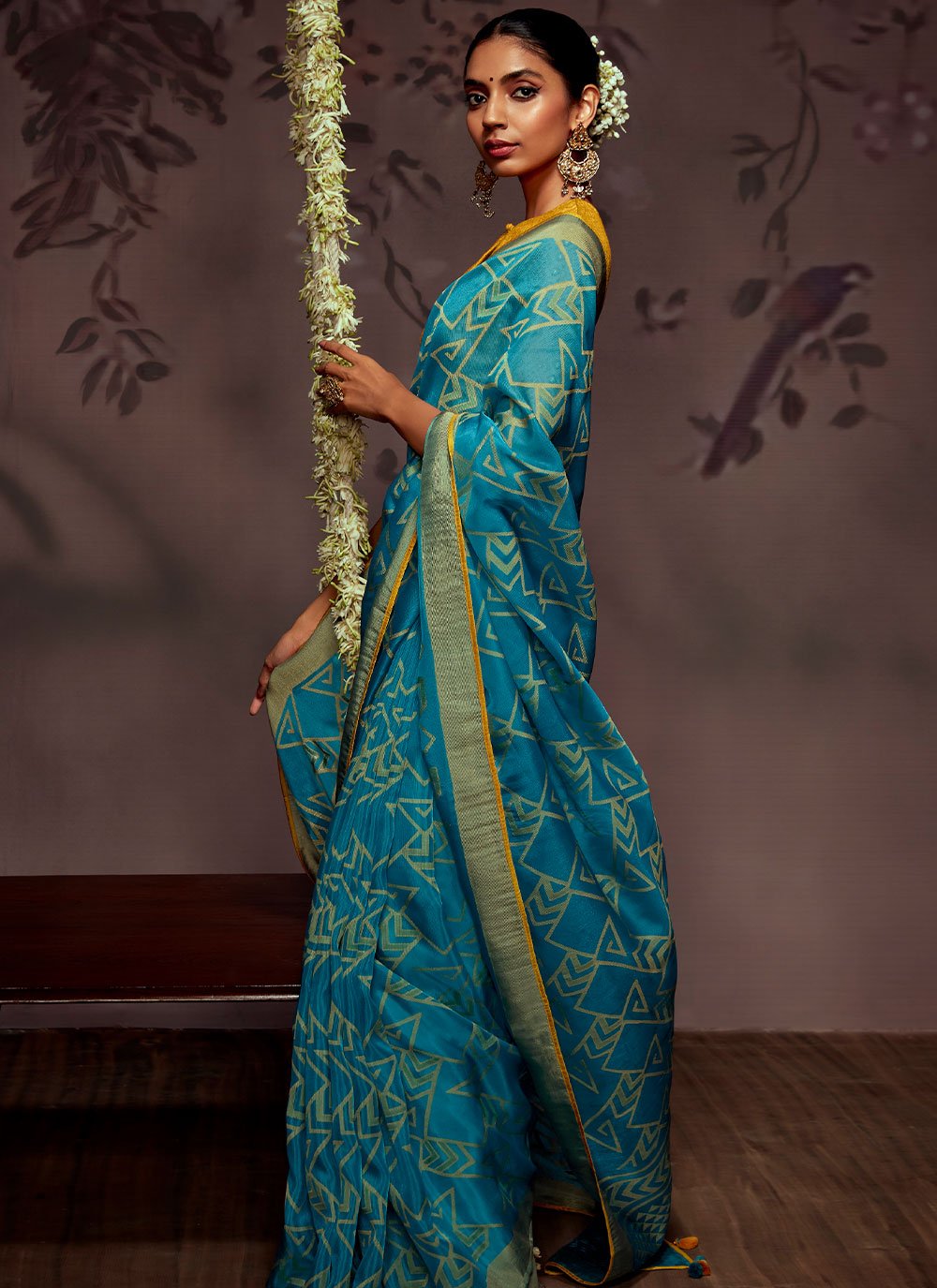 Contemporary Brasso Aqua Blue Print Saree