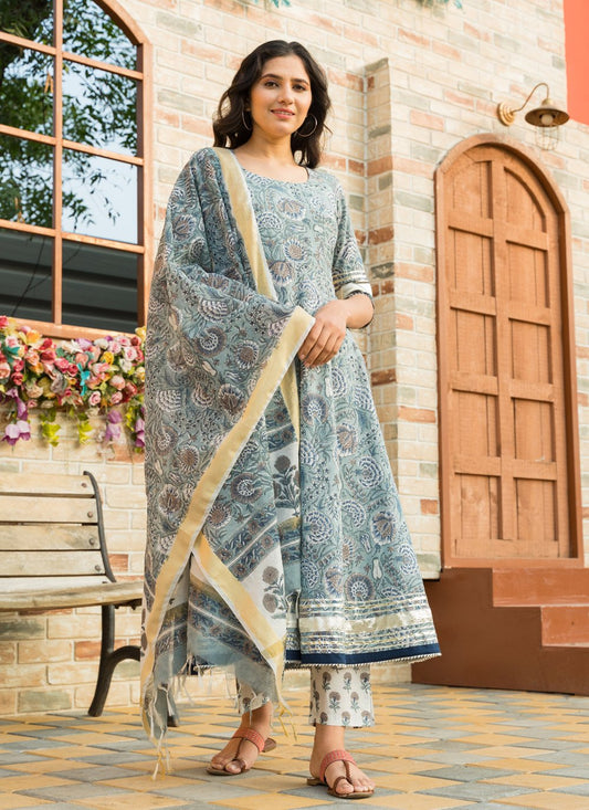 Pant Style Suit Cotton Aqua Blue Lace Salwar Kameez