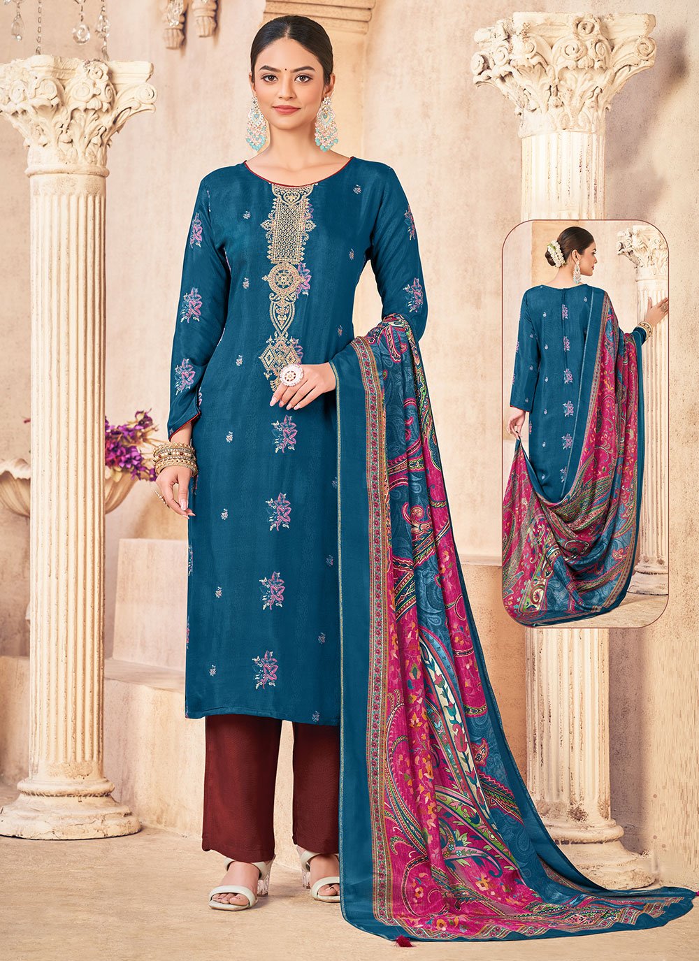 Pant Style Suit Jacquard Muslin Aqua Blue Embroidered Salwar Kameez