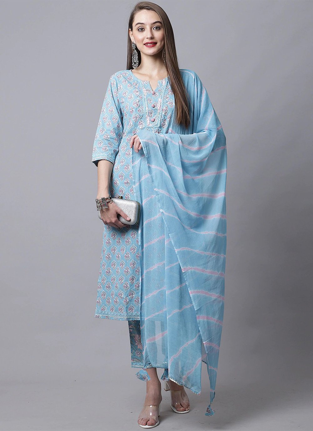 Salwar Suit Cotton Aqua Blue Embroidered Salwar Kameez