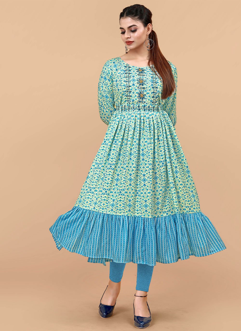 Party Wear Kurti Rayon Aqua Blue Digital Print Kurtis