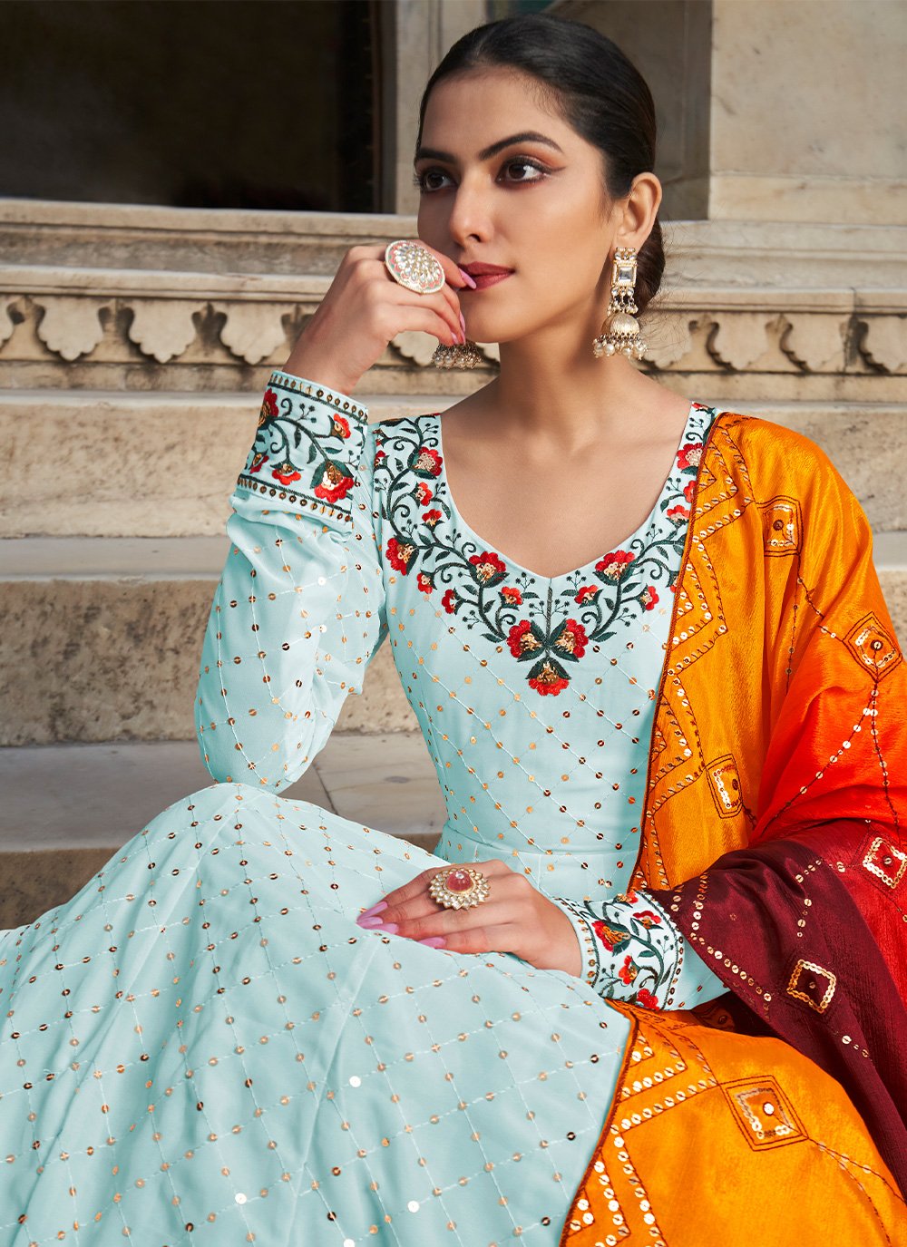 Gown Georgette Aqua Blue Embroidered Gown