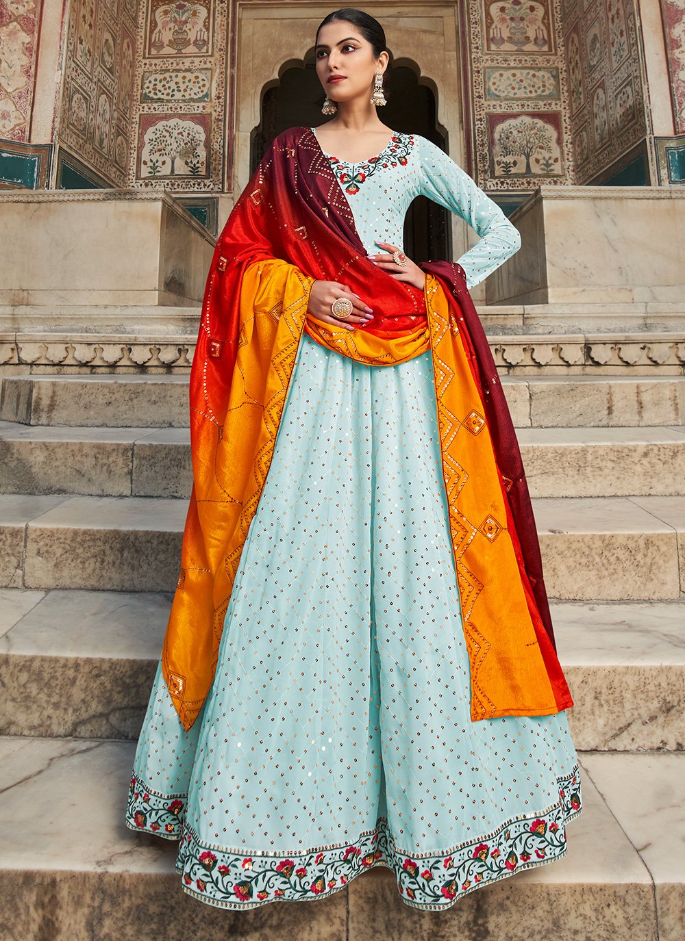 Gown Georgette Aqua Blue Embroidered Gown