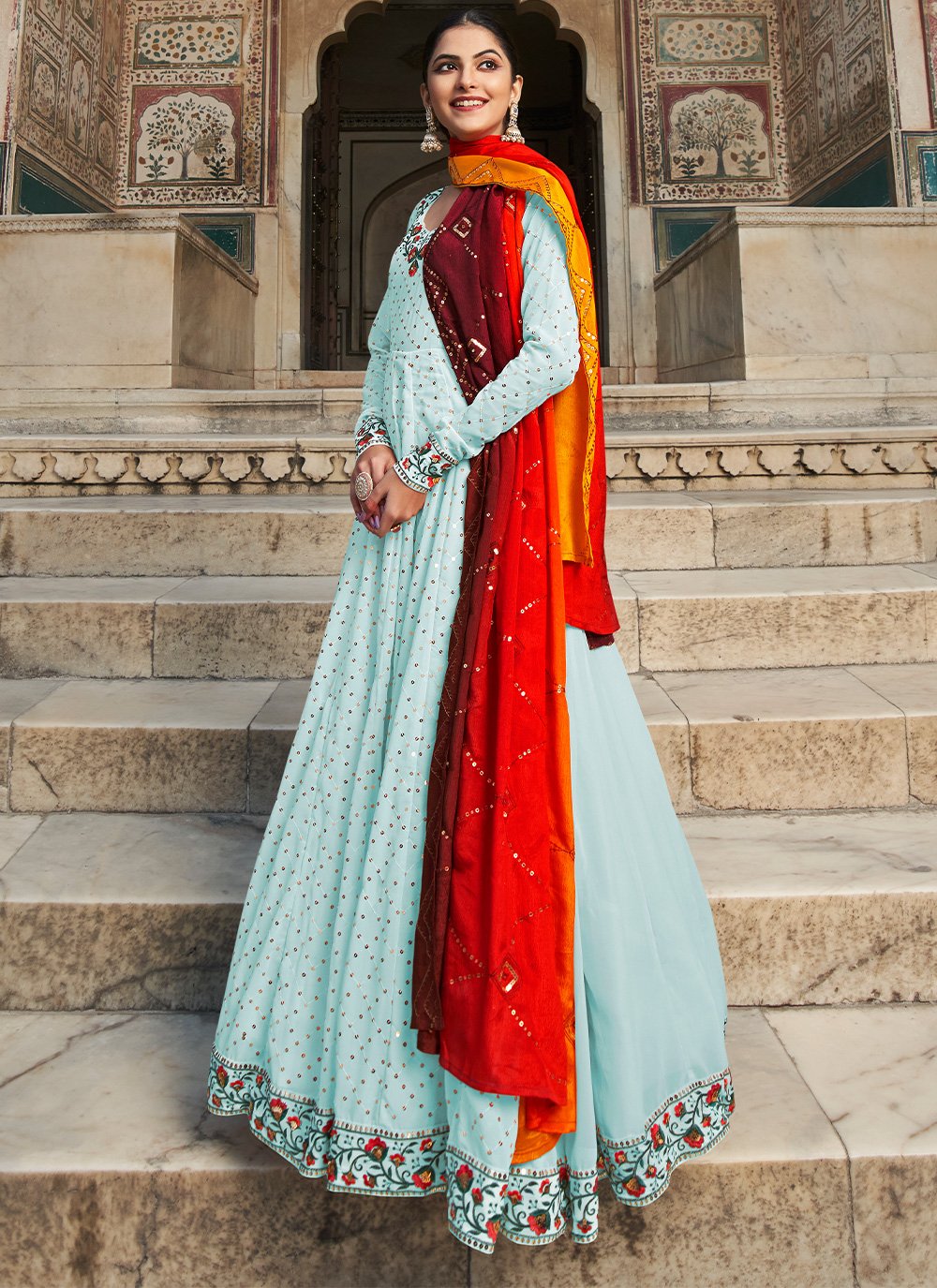 Gown Georgette Aqua Blue Embroidered Gown