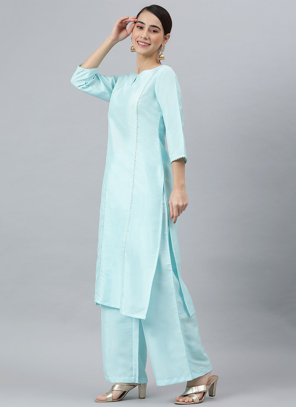 Salwar Suit Poly Silk Aqua Blue Floral Patch Salwar Kameez