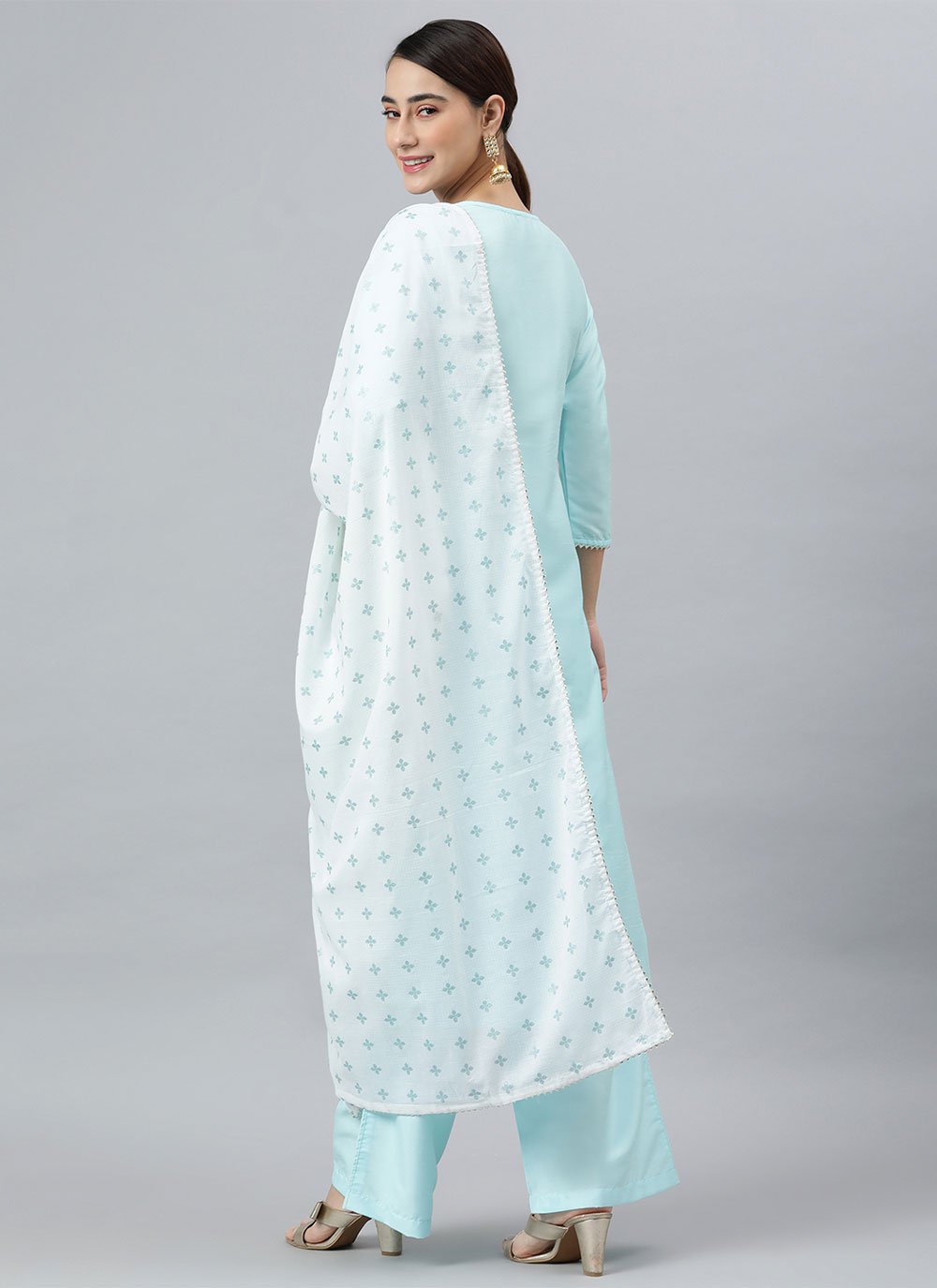 Salwar Suit Poly Silk Aqua Blue Floral Patch Salwar Kameez