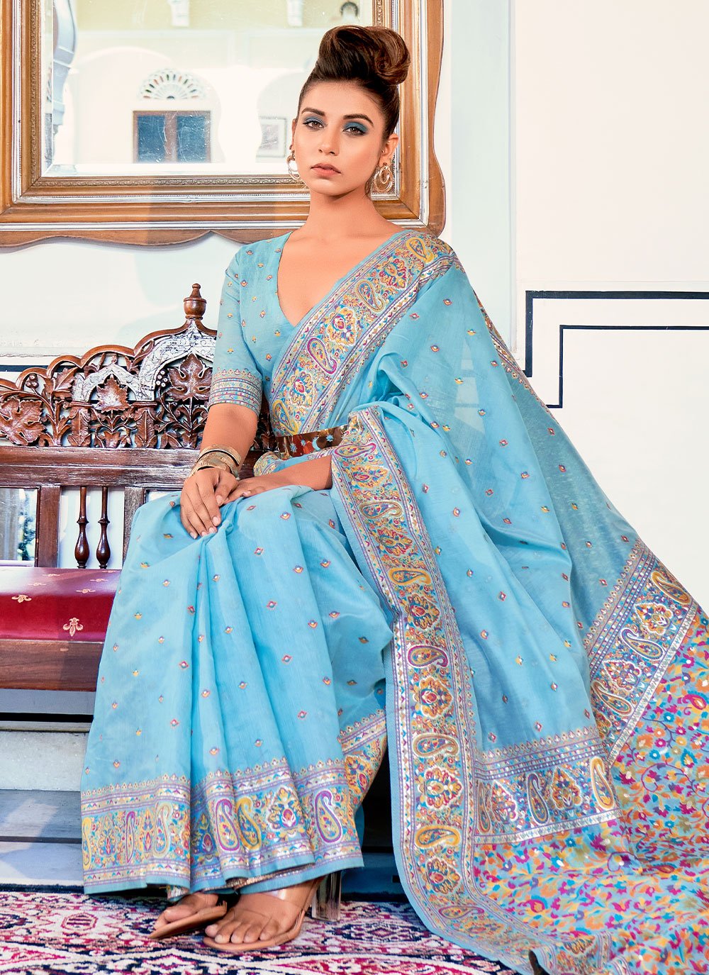 Classic Satin Silk Aqua Blue Weaving Saree