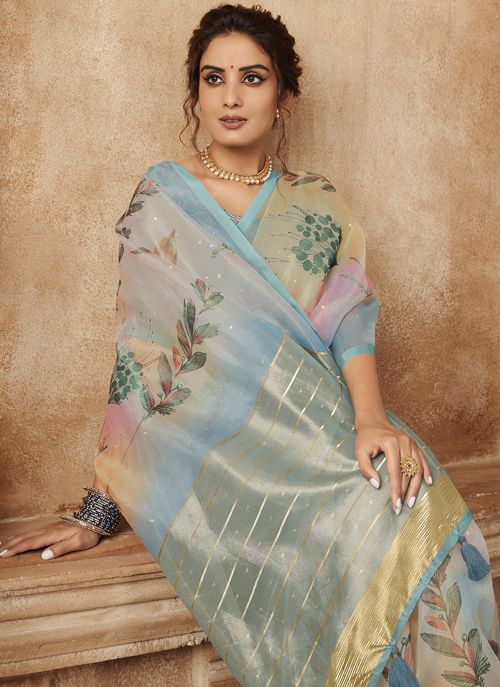 Designer Organza Aqua Blue Digital Print Saree