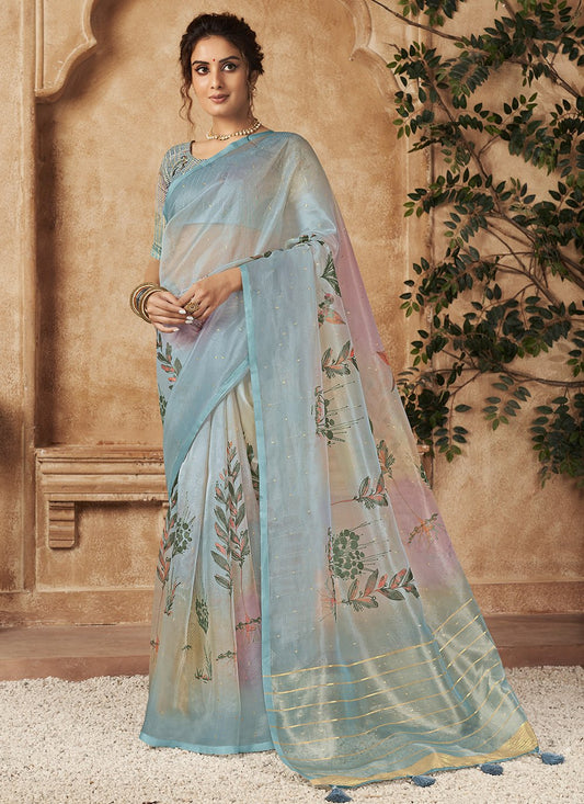 Designer Organza Aqua Blue Digital Print Saree