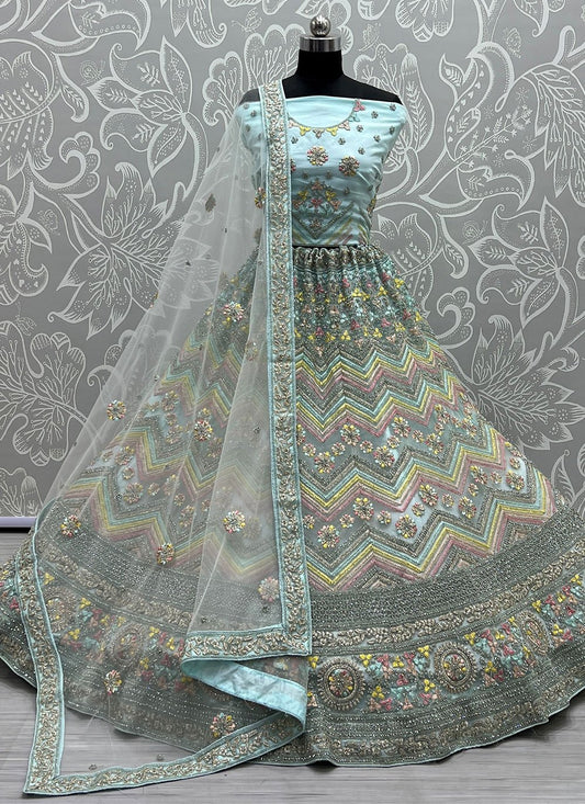 Lehenga Choli Net Aqua Blue Embroidered Lehenga Choli