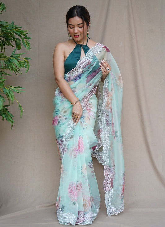 Classic Organza Aqua Blue Digital Print Saree