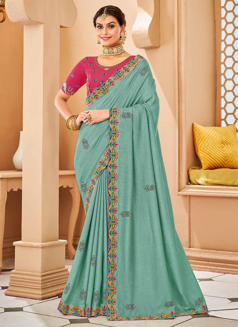 Trendy Saree Silk Aqua Blue Patch Border Saree