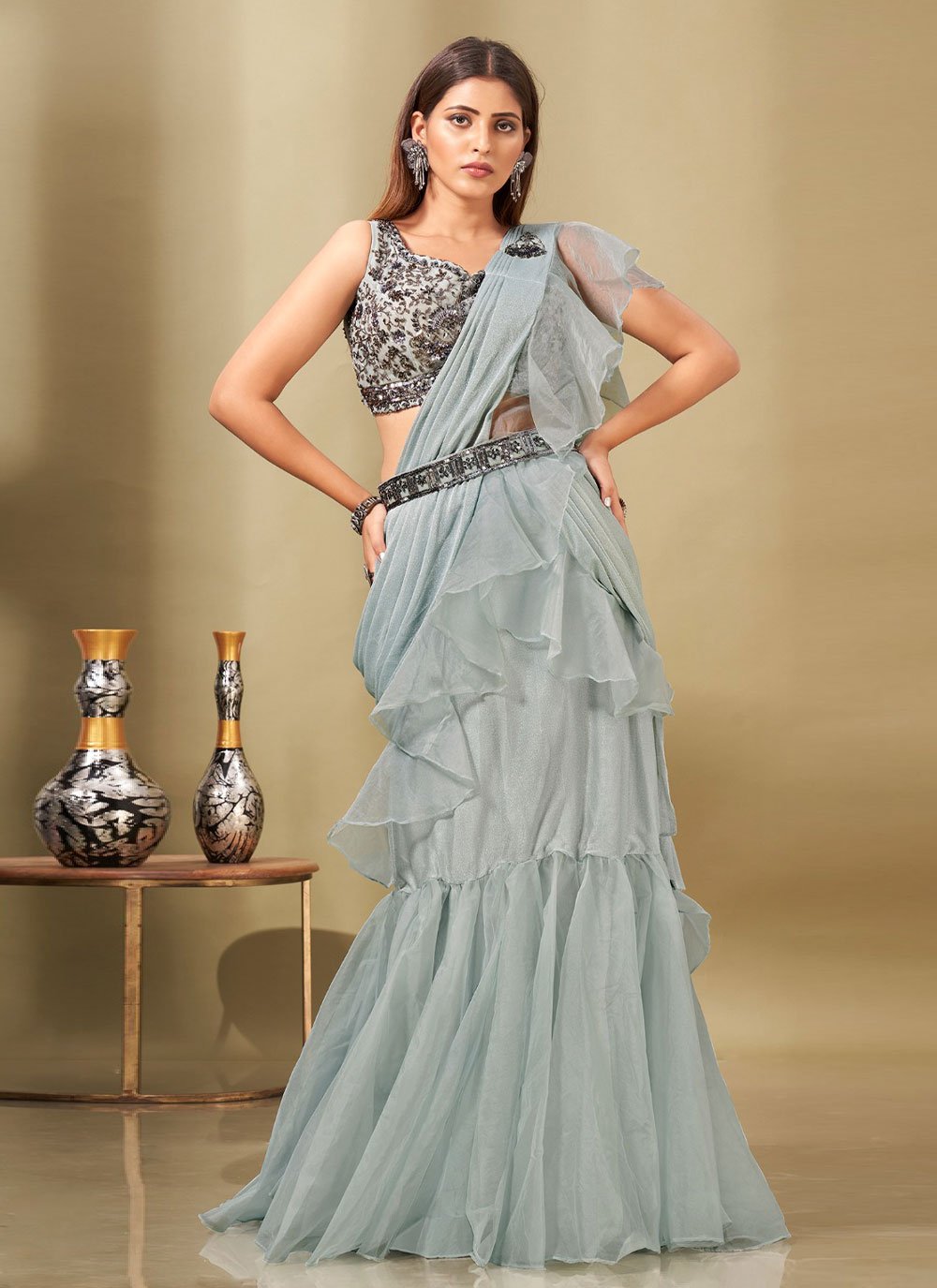 Lehenga Style Saree Imported Organza Aqua Blue Ruffle Saree