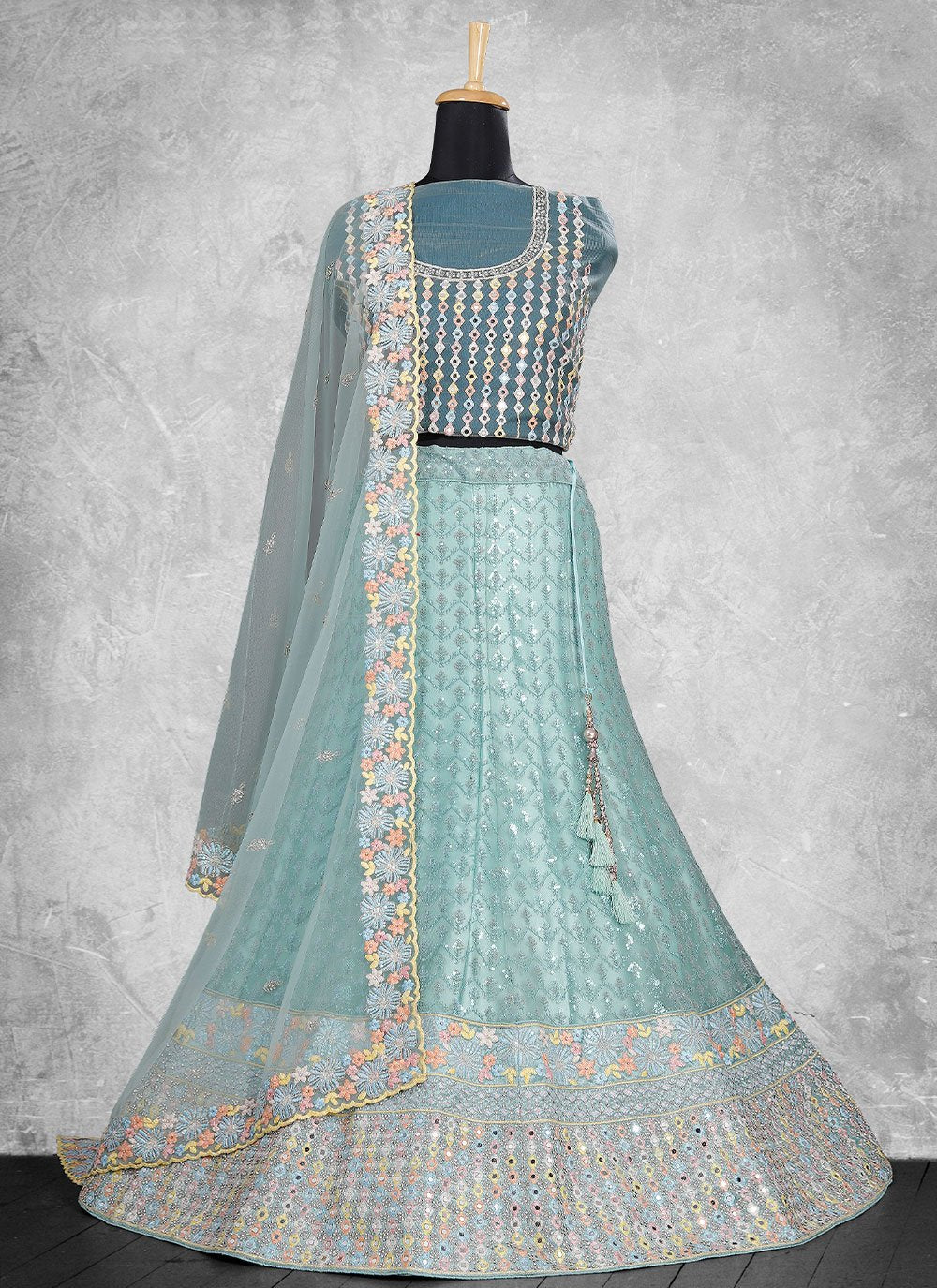 A Line Lehenga Georgette Aqua Blue Embroidered Lehenga Choli