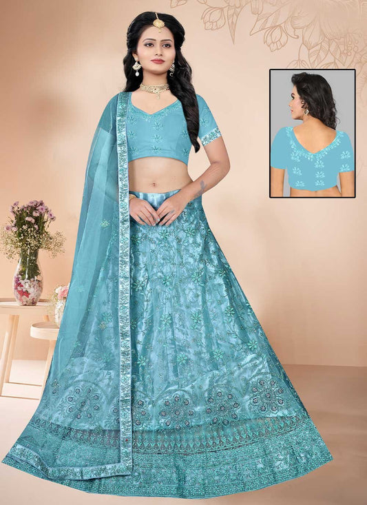 A Line Lehenga Net Aqua Blue Diamond Lehenga Choli