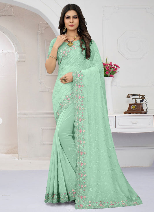 Classic Georgette Aqua Blue Diamond Saree