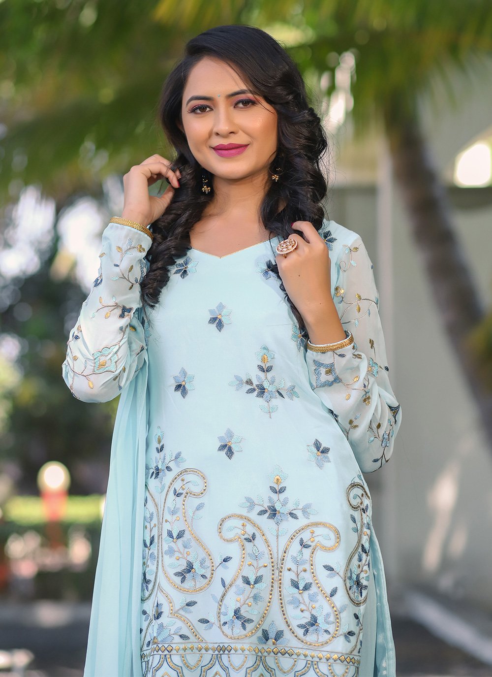 Sharara Set Georgette Aqua Blue Embroidered Salwar Kameez