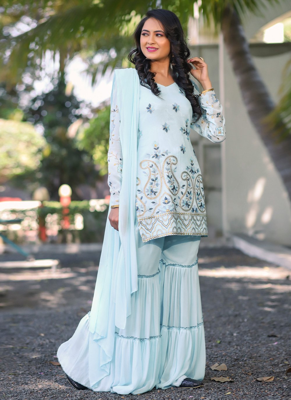 Sharara Set Georgette Aqua Blue Embroidered Salwar Kameez