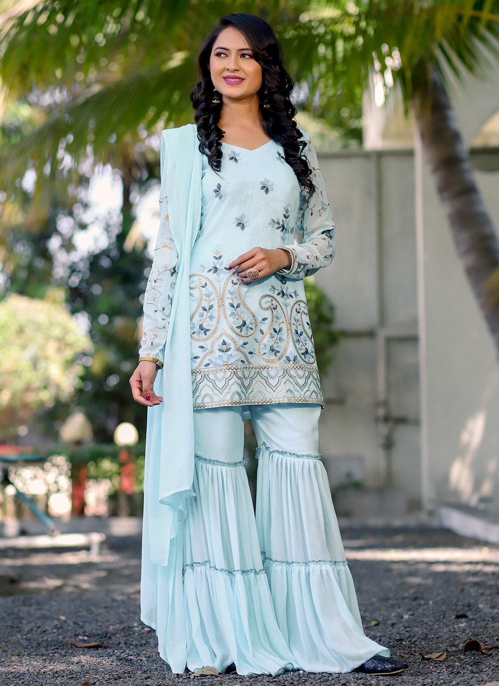 Sharara Set Georgette Aqua Blue Embroidered Salwar Kameez