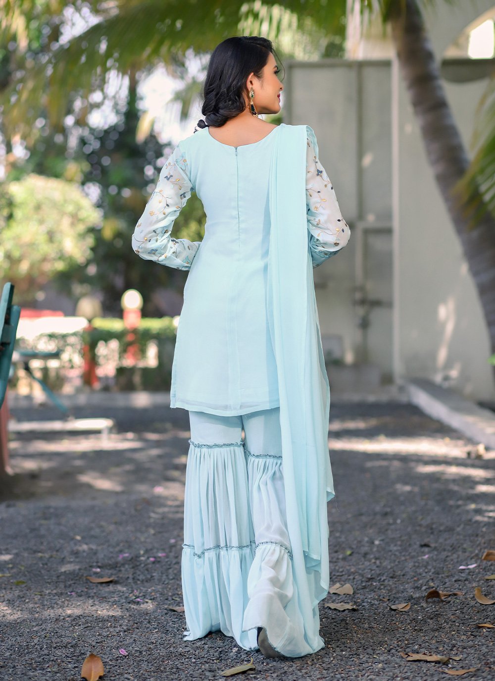 Sharara Set Georgette Aqua Blue Embroidered Salwar Kameez