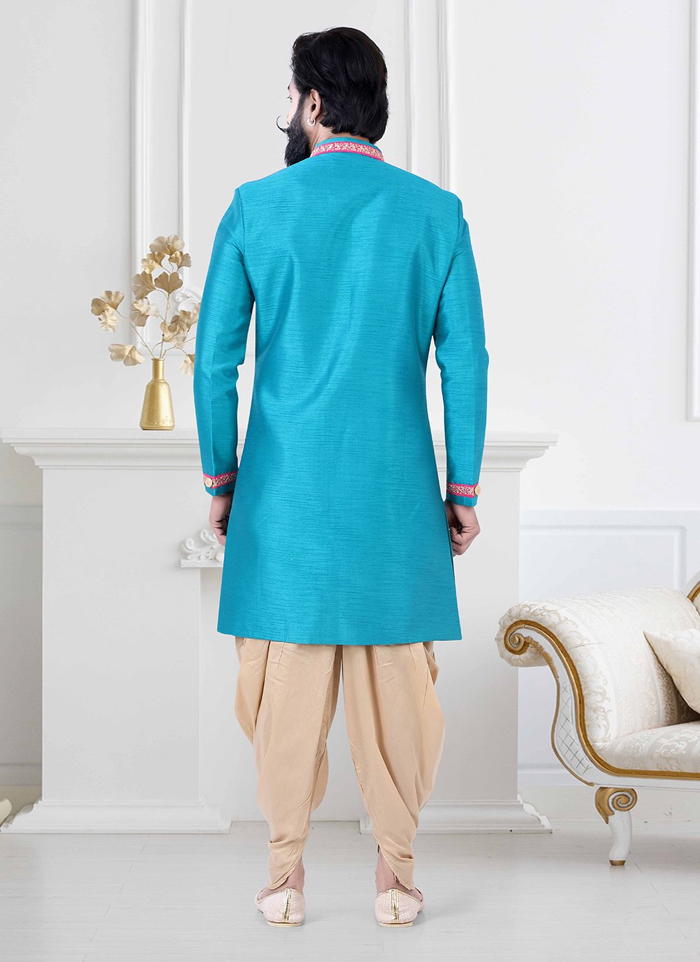 Indo Western Silk Aqua Blue Lace Mens