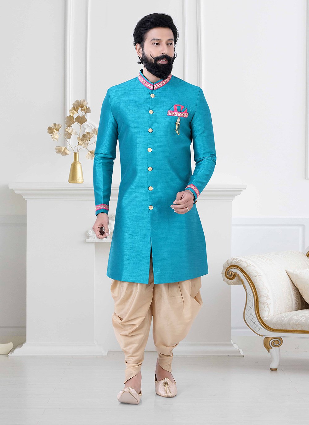 Indo Western Silk Aqua Blue Lace Mens