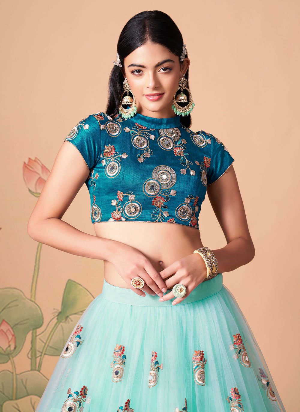 Lehenga Choli Net Aqua Blue Dori Work Lehenga Choli