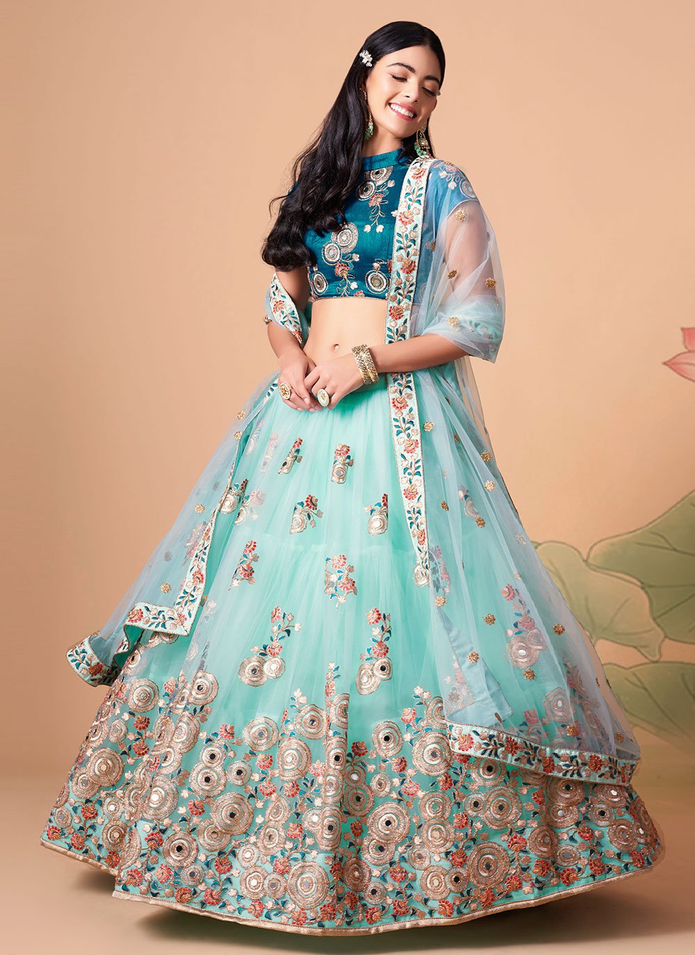 Lehenga Choli Net Aqua Blue Dori Work Lehenga Choli