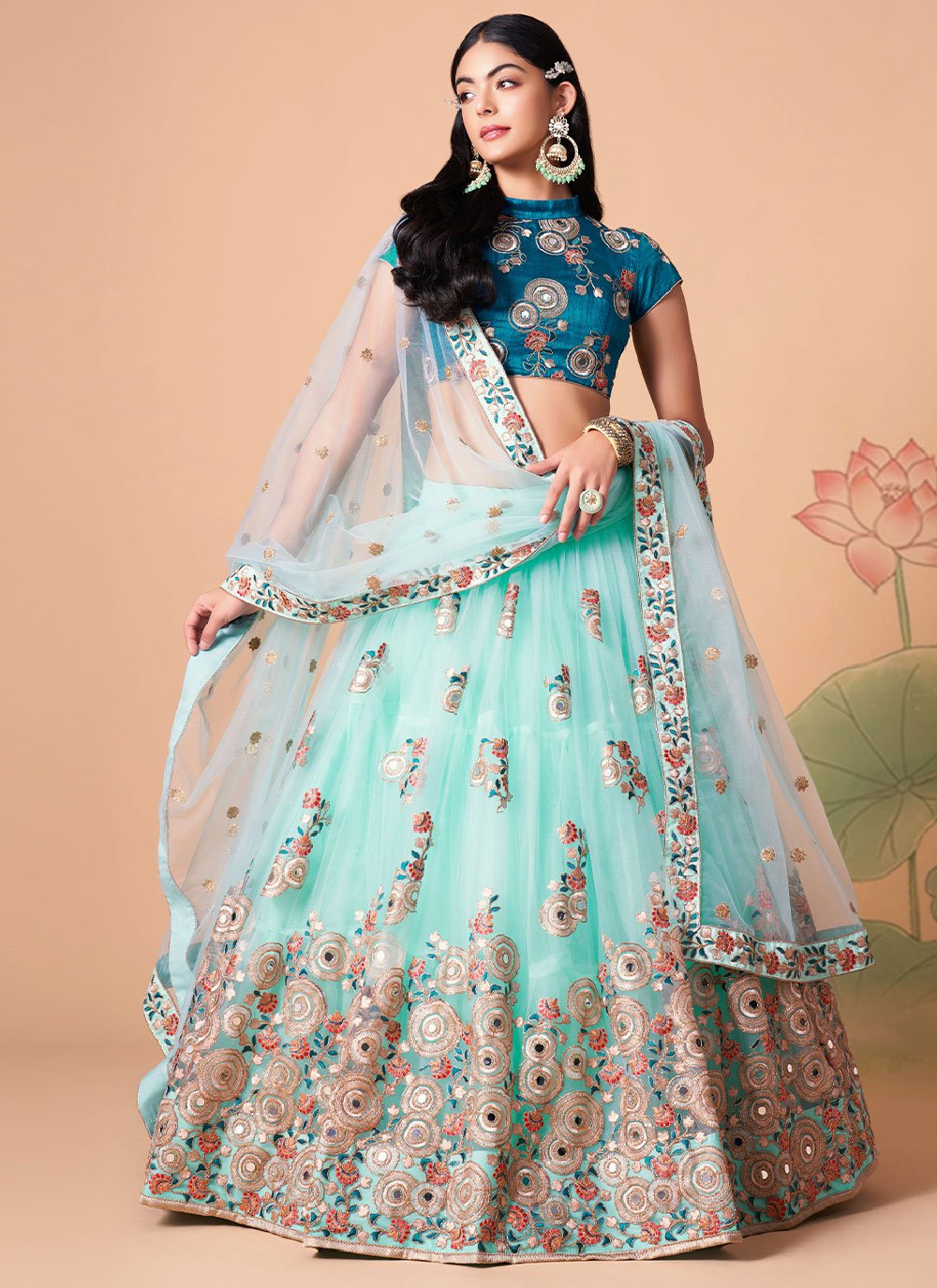 Lehenga Choli Net Aqua Blue Dori Work Lehenga Choli