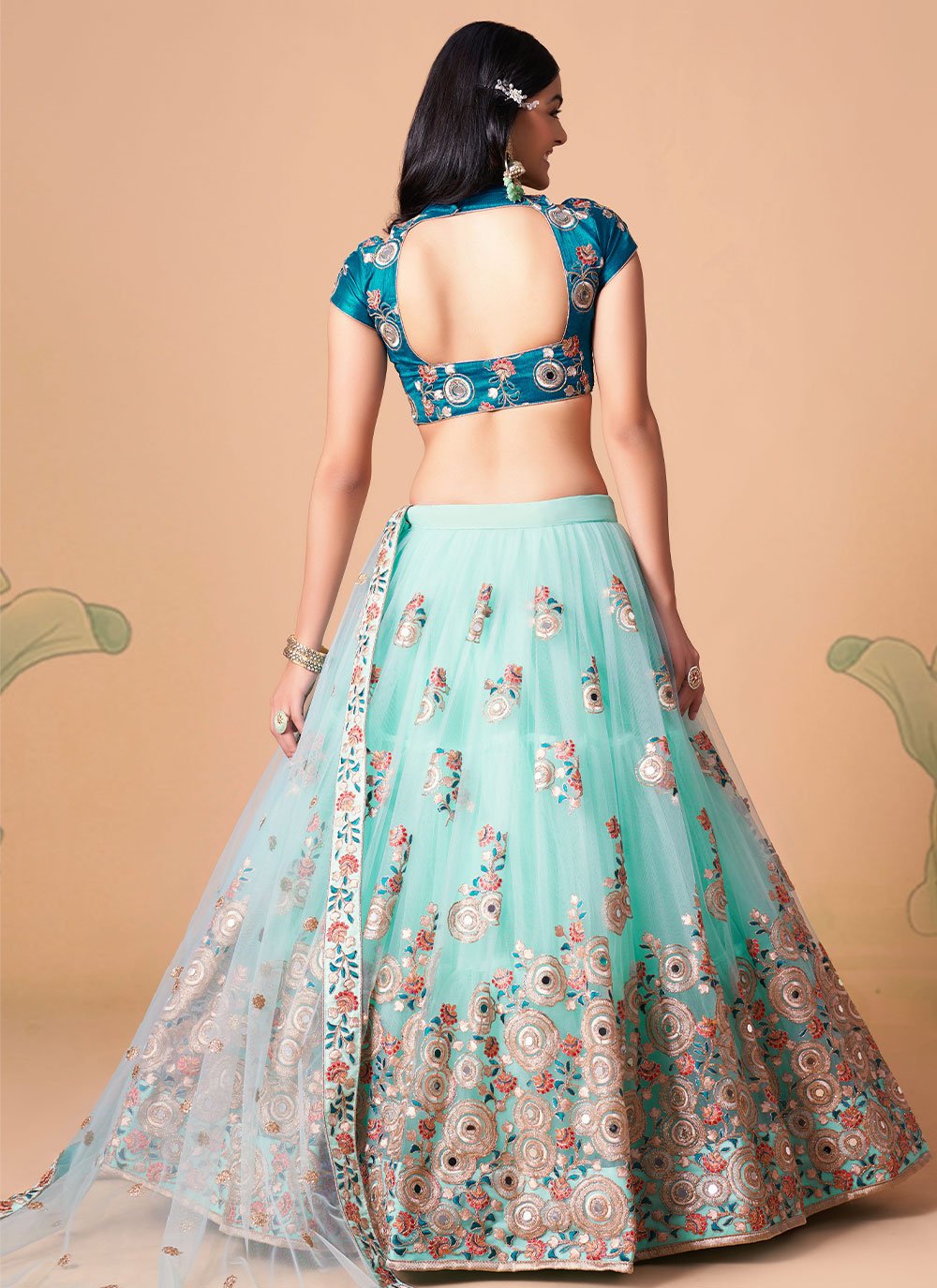 Lehenga Choli Net Aqua Blue Dori Work Lehenga Choli