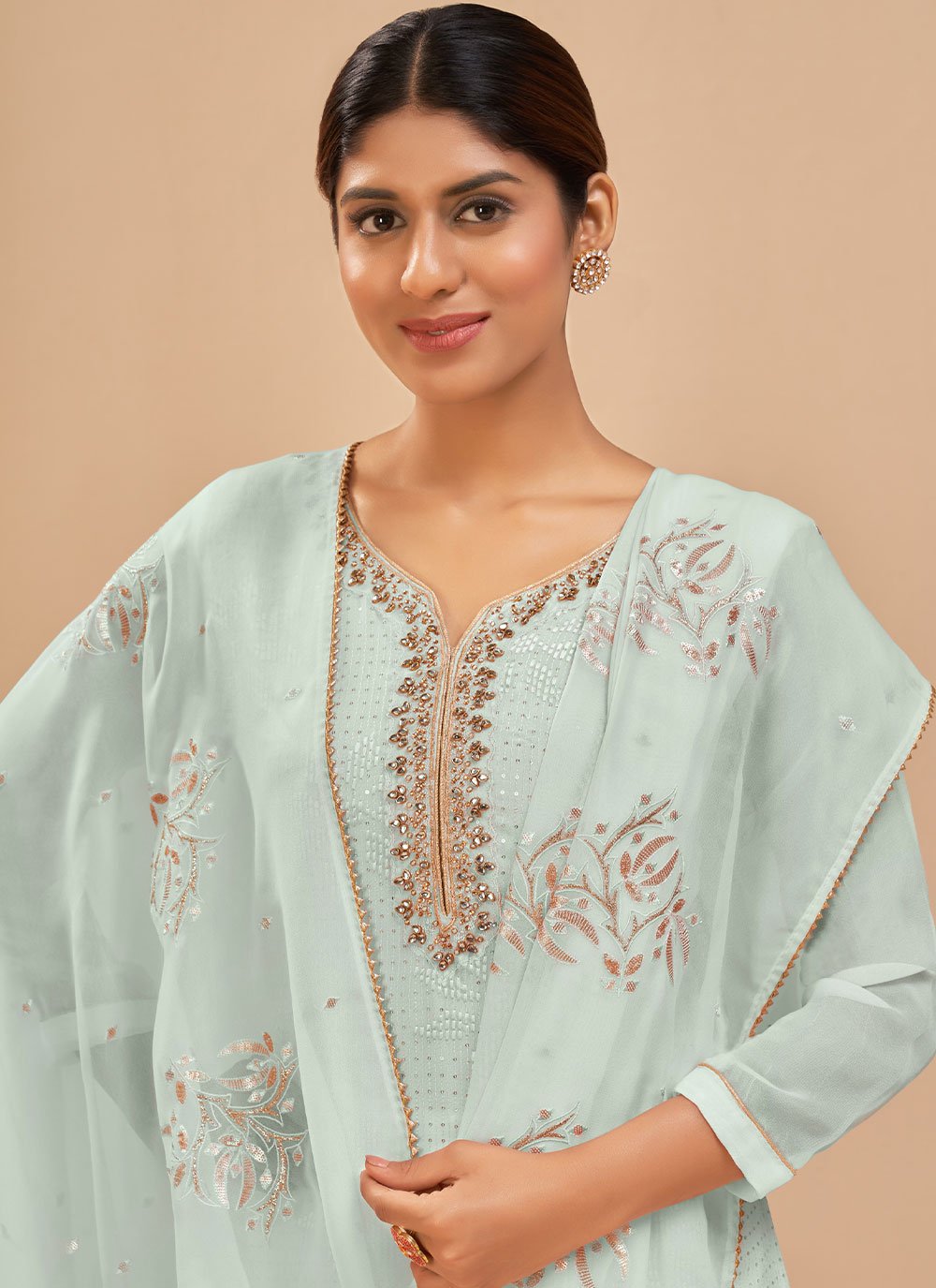 Salwar Suit Georgette Aqua Blue Embroidered Salwar Kameez