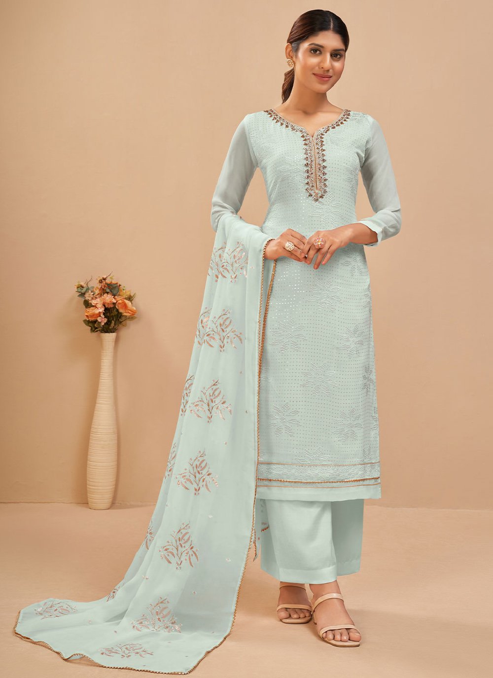 Salwar Suit Georgette Aqua Blue Embroidered Salwar Kameez