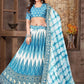 A Line Lehenga Satin Silk Aqua Blue Print Lehenga Choli