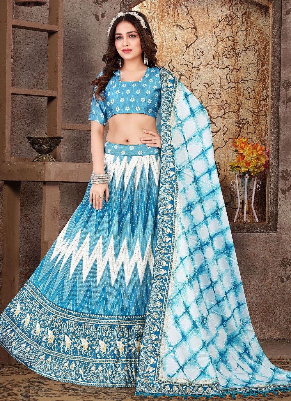 A Line Lehenga Satin Silk Aqua Blue Print Lehenga Choli