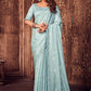 Trendy Saree Satin Silk Aqua Blue Foil Print Saree