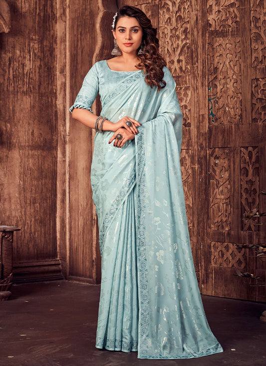 Trendy Saree Satin Silk Aqua Blue Foil Print Saree